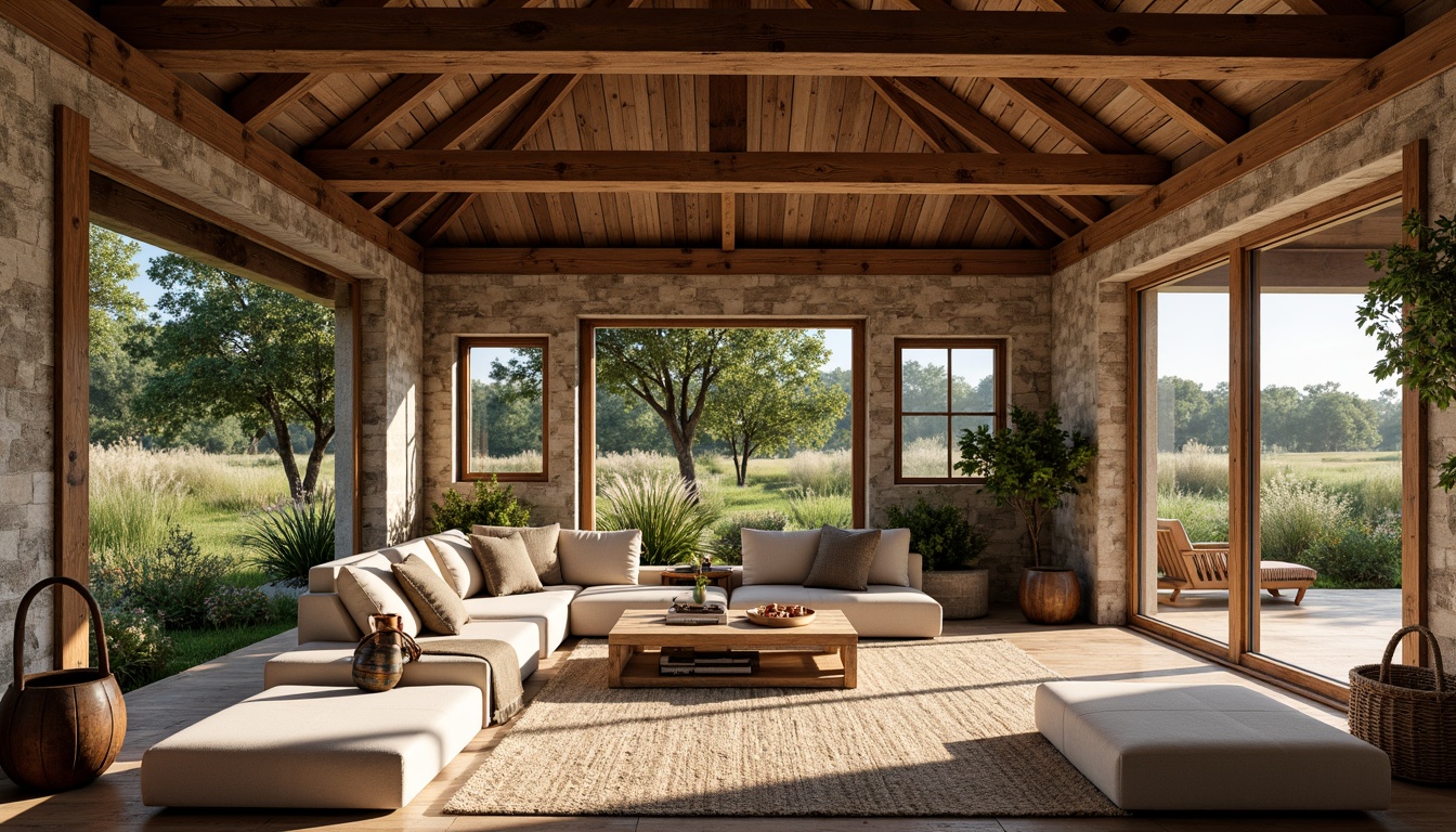 Prompt: Rustic barn, reclaimed wood accents, vintage farm tools, natural stone walls, earthy color palette, exposed wooden beams, large windows, sliding glass doors, lush greenery, wildflowers, sunny day, soft warm lighting, shallow depth of field, 3/4 composition, panoramic view, realistic textures, ambient occlusion, open floor plan, minimal ornamentation, distressed metal decor, woven textiles, natural fabrics, cozy nooks, plush furnishings, rustic-chic atmosphere.