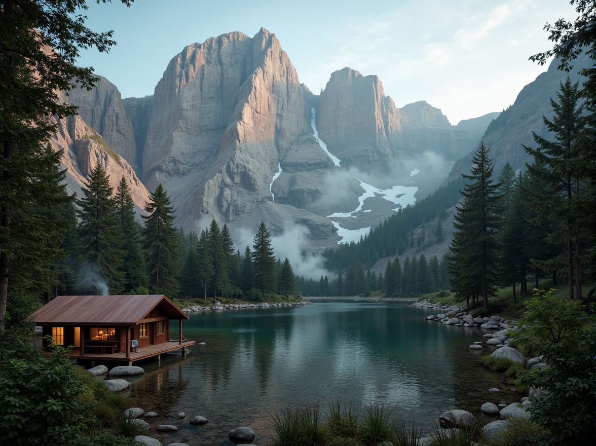 Prompt: Majestic mountain peaks, rugged rocky formations, misty foggy atmosphere, earthy brown terrain, lush green forests, sparkling waterfalls, serene lakeside, rustic wooden cabins, vintage outdoor gear, warm campfire lighting, soft misty morning, cinematic 2.35