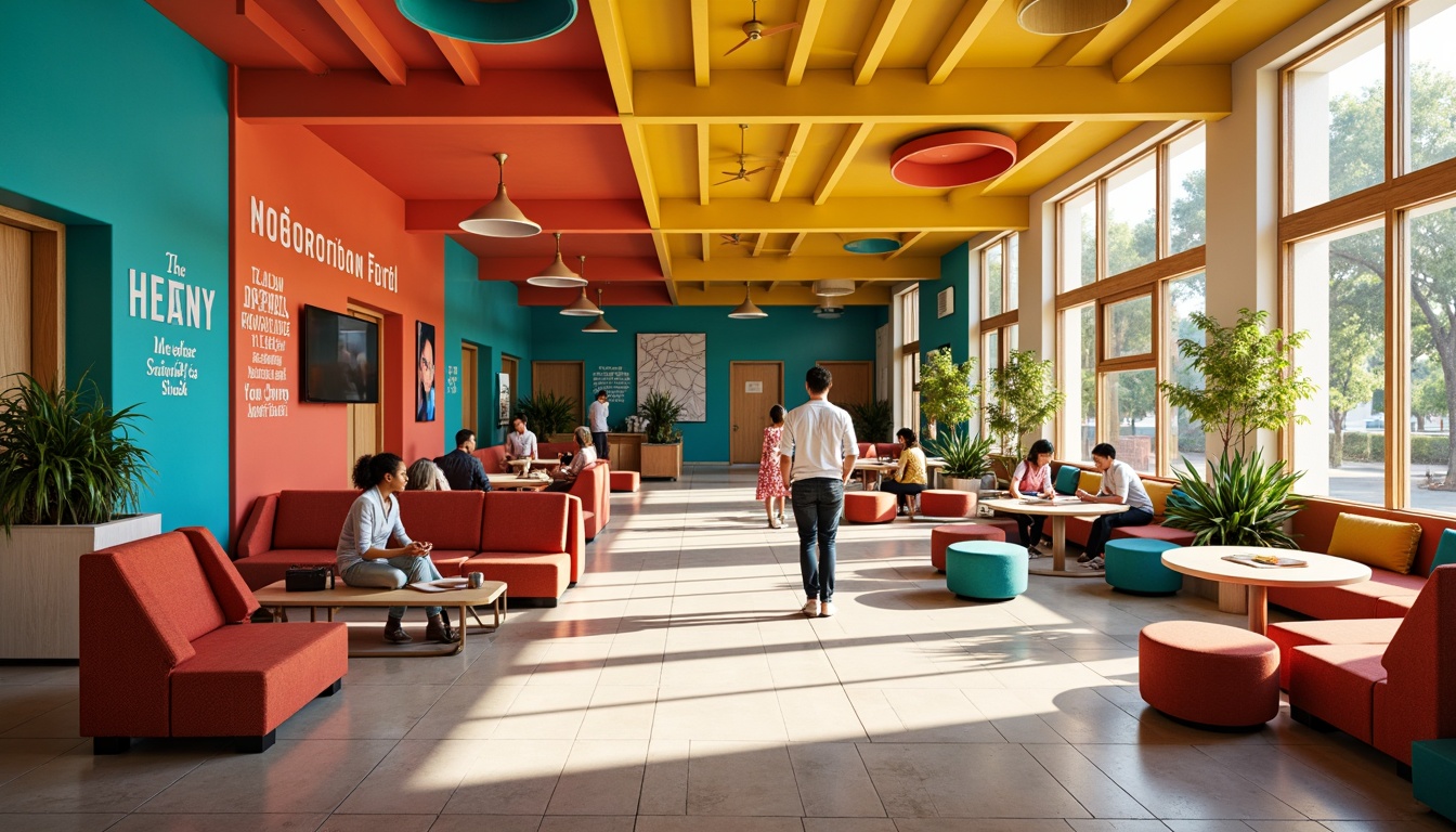 Prompt: Vibrant student hall, bold expressionist architecture, bright coral walls, turquoise accents, sunny yellow ceilings, rich wood tones, eclectic furniture, abstract art pieces, geometric patterns, dynamic lighting, warm cozy atmosphere, relaxed seating areas, modern amenities, collaborative workspaces, inspirational quotes, natural textiles, earthy tones, organic shapes, playful color blocking, 1/1 composition, soft focus, atmospheric perspective.