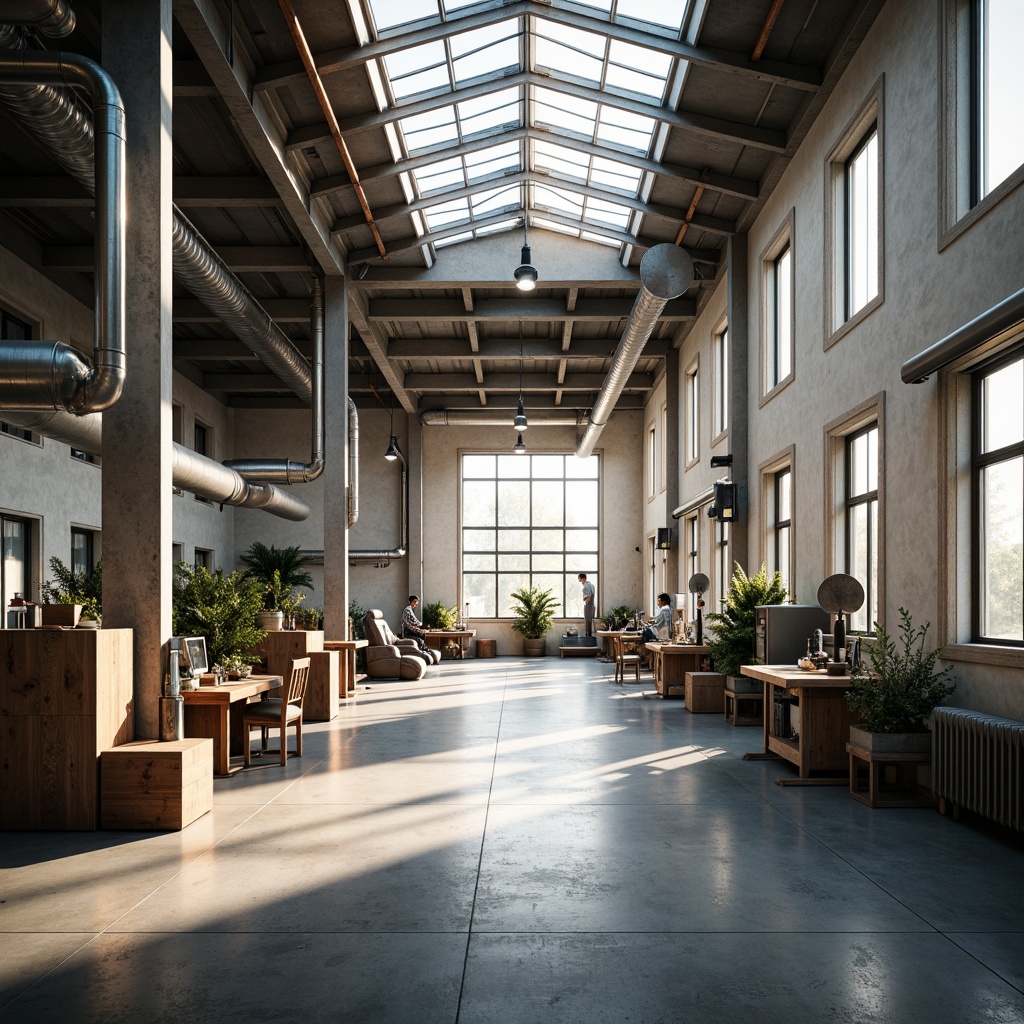 Prompt: Industrial factory setting, minimalist aesthetic, exposed ductwork, polished concrete floors, steel beams, large windows, clerestory windows, skylights, transparent roofs, natural light pouring in, soft warm glow, subtle shadows, industrial chic decor, reclaimed wood accents, metal machinery, functional simplicity, open floor plan, airy atmosphere, diffused lighting, 1/1 composition, realistic textures, ambient occlusion.