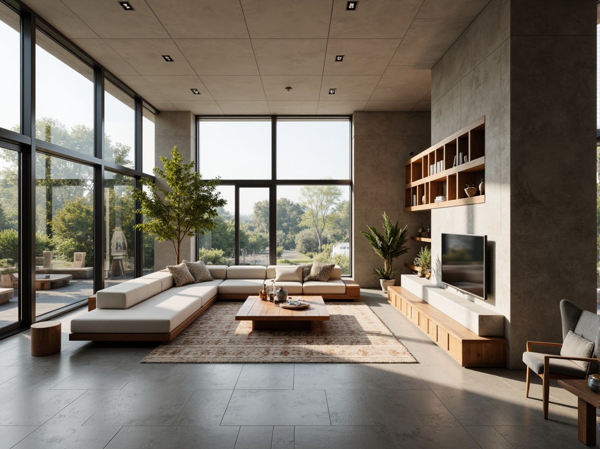 Prompt: Modern minimalist living room, sleek low-profile furniture, neutral color palette, polished concrete floors, floor-to-ceiling windows, natural light pouring in, functional storage units, multi-functional coffee table, comfortable sectional sofa, geometric patterned rug, ambient warm lighting, 1/1 composition, shallow depth of field, realistic textures.