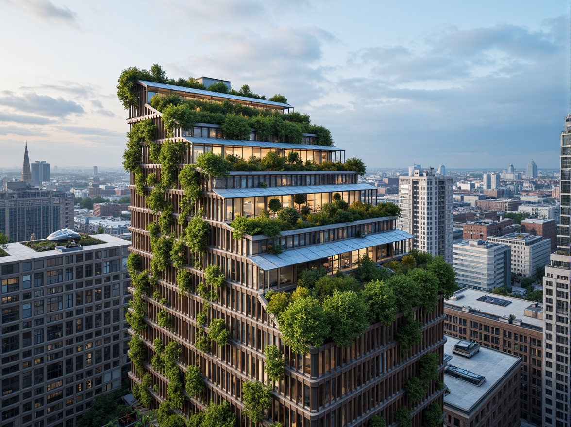 Prompt: Curved green roofs, lush vertical gardens, solar panels, wind turbines, rainwater harvesting systems, recycled metal cladding, low-carbon concrete structures, energy-efficient glazing, double-skin facades, natural ventilation systems, biomimetic patterns, parametric design, futuristic aesthetic, urban skyscraper, bustling cityscape, cloudy blue sky, warm soft lighting, shallow depth of field, 1/1 composition, realistic textures, ambient occlusion.