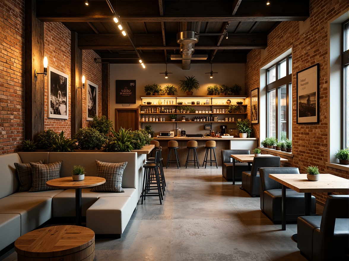 Prompt: Cozy coffee shop, reclaimed wood accents, exposed brick walls, polished concrete floors, industrial metal beams, warm pendant lighting, comfortable sofas, rustic wooden tables, vintage decorative items, lush greenery, natural stone countertops, earthy color palette, soft warm ambiance, shallow depth of field, 1/1 composition, realistic textures, ambient occlusion.