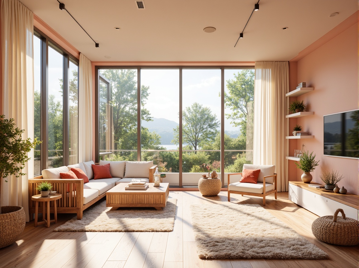 Prompt: Vibrant modern interior, pastel color scheme, soft peach tones, creamy whites, rich wood accents, metallic gold fixtures, natural textiles, plush area rugs, floor-to-ceiling windows, abundant sunlight, warm cozy ambiance, 1/1 composition, shallow depth of field, realistic renderings, ambient occlusion.