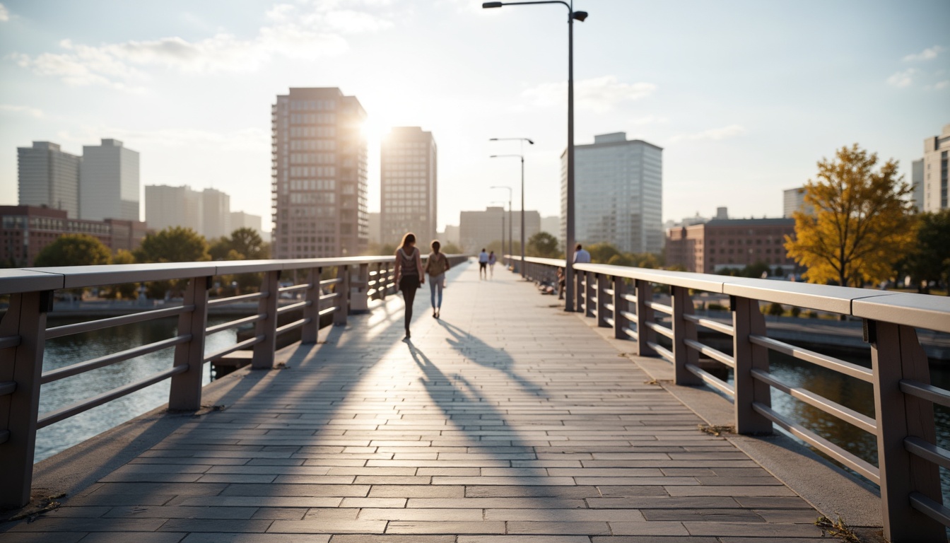 Prompt: Pedestrian bridge, sleek modern design, stainless steel railings, horizontal bars, rounded edges, safety features, anti-slip coatings, urban landscape, city skyline, sunny day, soft warm lighting, shallow depth of field, 3/4 composition, panoramic view, realistic textures, ambient occlusion.