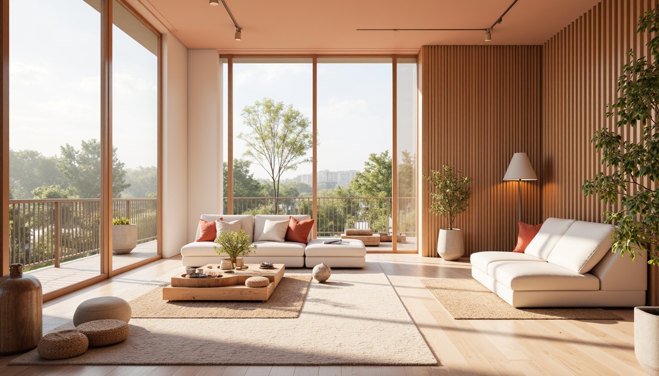 Prompt: Vibrant modern interior, pastel color scheme, soft peach tones, creamy whites, rich wood accents, metallic gold fixtures, natural textiles, plush area rugs, floor-to-ceiling windows, abundant sunlight, warm cozy ambiance, 1/1 composition, shallow depth of field, realistic renderings, ambient occlusion.