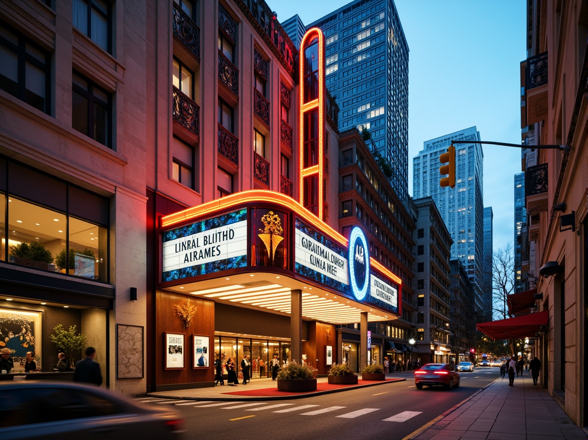 Prompt: Vibrant cinema facade, ornate decorations, Art Deco patterns, neon lights, bold signage, grand entrance, red carpet, luxurious materials, metallic accents, geometric shapes, futuristic details, urban cityscape, bustling streets, evening atmosphere, warm golden lighting, shallow depth of field, 1/1 composition, cinematic camera angles, dramatic shadows, realistic textures, ambient occlusion.