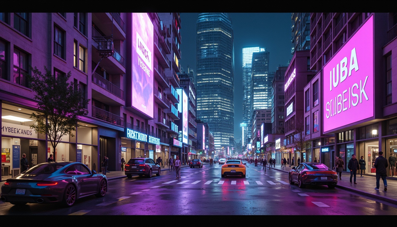 Prompt: Neon-lit cityscape, futuristic skyscrapers, iridescent glass facades, holographic advertisements, vibrant purple and green hues, metallic silver accents, glowing blue lines, sleek aerodynamic shapes, retro-futuristic nostalgia, cyberpunk influences, high-tech gadgetry, virtual reality interfaces, neon-drenched alleys, 3D projection mapping, cinematic lighting, shallow depth of field, 1/1 composition, futuristic typography, abstract geometric patterns.