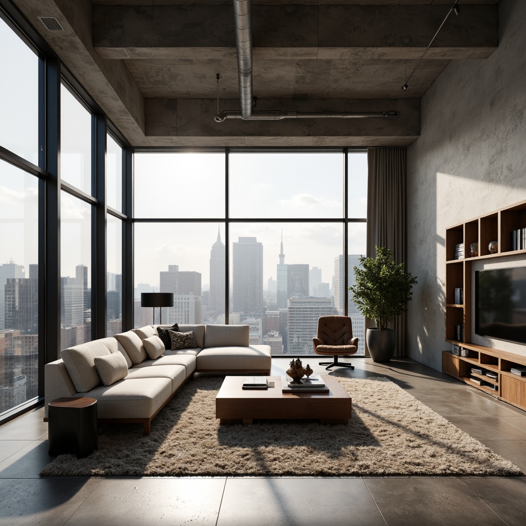 Prompt: Modern minimalist living room, sleek low-profile furniture, neutral color palette, textured rugs, floor-to-ceiling windows, natural light pouring in, urban cityscape views, industrial-chic exposed ductwork, polished concrete floors, geometric-shaped coffee tables, plush sectional sofas, ambient warm lighting, 1/1 composition, shallow depth of field, realistic reflections, cozy reading nooks, built-in shelving units, hidden storage compartments, smart home automation systems.