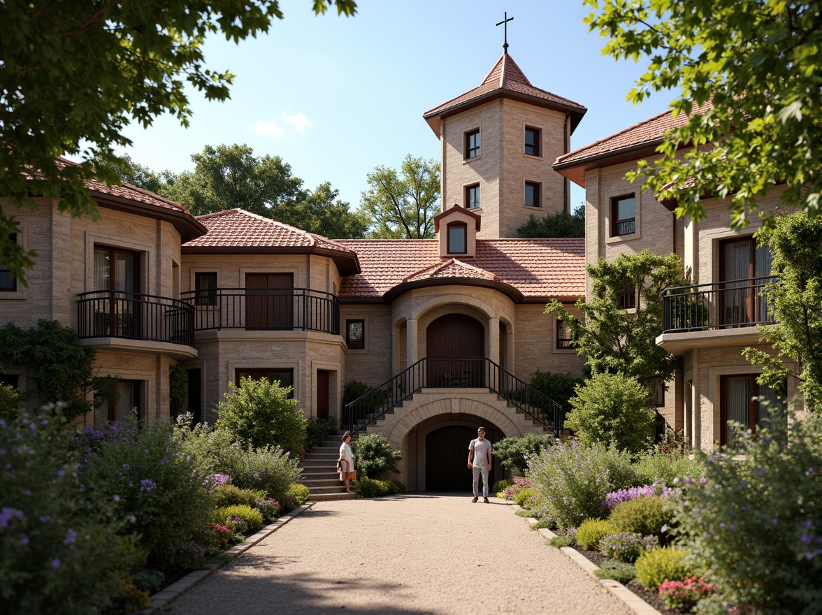 Prompt: Rustic red-tiled roofs, ornate stone carvings, grand entrance archways, sturdy brick walls, vibrant greenery, lush ivy climbers, wooden shutters, decorative ironwork, classic clock towers, symmetrical fa\u00e7ades, warm earthy tones, soft natural lighting, shallow depth of field, 1/1 composition, realistic textures, ambient occlusion.