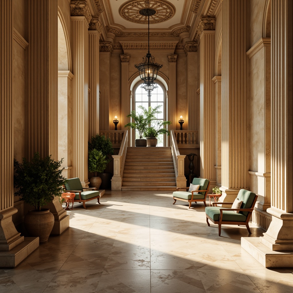 Prompt: Elegant classical architecture, ornate columns, carved stone details, symmetrical facades, grand entranceways, sweeping staircases, rich wood tones, luxurious fabrics, muted earthy colors, soft golden lighting, warm beige walls, creamy marble floors, subtle texture overlays, realistic material reflections, atmospheric perspective, 2/3 composition, cinematic camera angles.