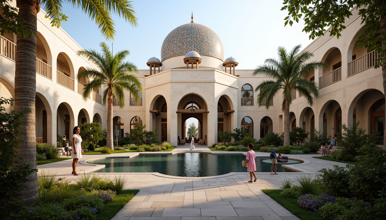 Prompt: Elegant mosque, intricately patterned domes, minarets, Islamic calligraphy, natural stone fa\u00e7ades, lush green courtyards, water features, serene ambiance, soft warm lighting, shallow depth of field, 3/4 composition, panoramic view, realistic textures, ambient occlusion, eco-friendly materials, renewable energy systems, solar panels, wind turbines, rainwater harvesting, green roofs, innovative cooling technologies, shaded outdoor spaces, misting systems, Arabic-inspired geometric motifs, vibrant colorful textiles.