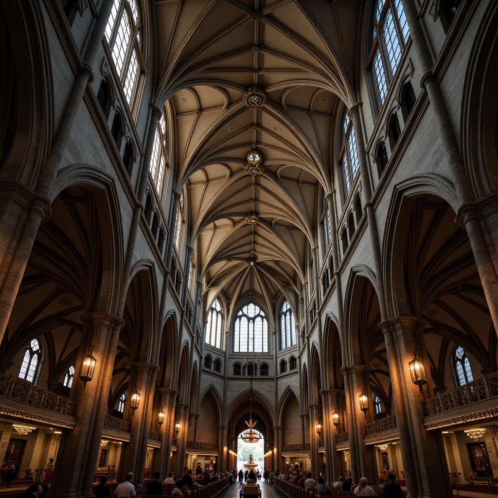 Prompt: Soaring cathedral, pointed arches, ribbed vaults, flying buttresses, stained glass windows, intricate stone carvings, grandiose entranceways, towering spires, vertical emphasis, dramatic height, ornate pinnacles, mystical ambiance, soft warm lighting, high contrast, atmospheric perspective, 1/1 composition, realistic textures, ambient occlusion.