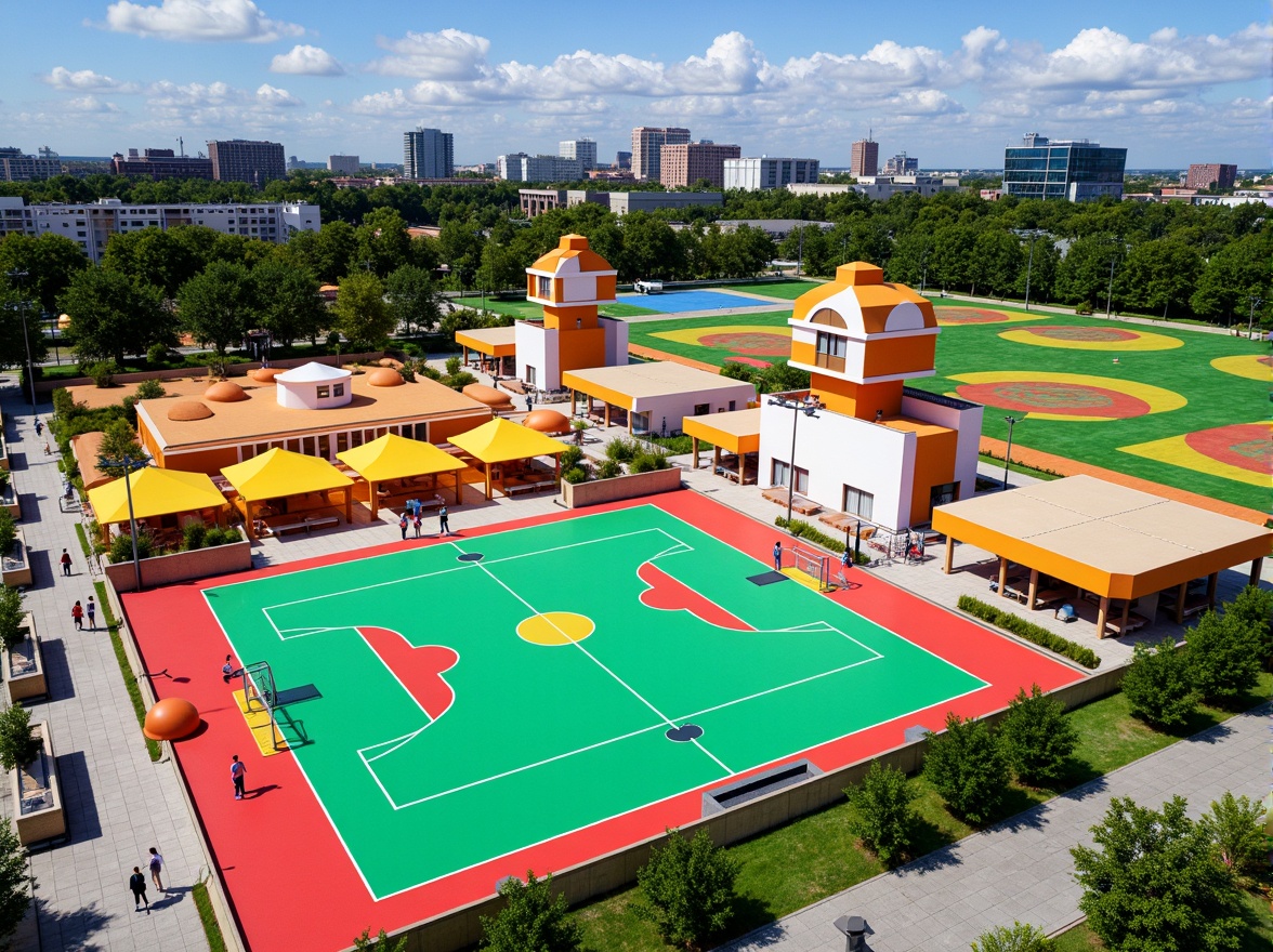 Prompt: Vibrant sports fields, eclectic mix of materials, bold color blocking, dynamic shapes, abstract patterns, modernist architecture, functional zones, athletic tracks, soccer goals, basketball courts, tennis nets, spectator seating, shaded areas, natural grass, artificial turf, urban landscape, city skyline, sunny day, dramatic lighting, high contrast, 1/2 composition, wide-angle lens, realistic textures, ambient occlusion.