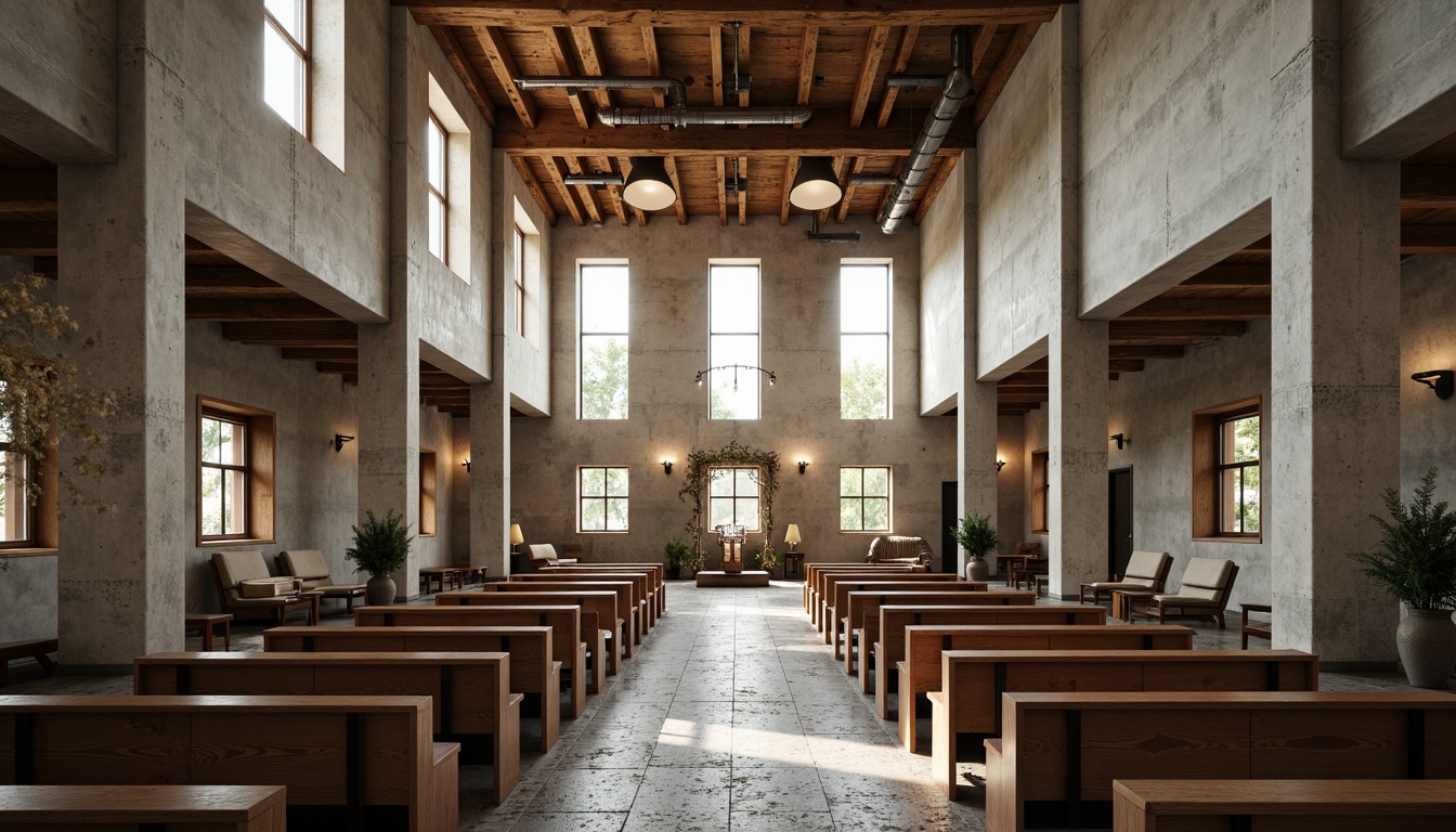 Prompt: Rustic church interior, brutalist architecture, raw concrete walls, exposed ductwork, industrial-style lighting, minimalist decor, functional spaces, communal seating areas, wooden pews, stone flooring, stained glass windows, natural light pouring in, dramatic ceiling heights, open floor plans, modern amenities, sleek metal accents, geometric patterns, earthy color palette, warm atmospheric lighting, shallow depth of field, 1/1 composition, realistic textures, ambient occlusion.