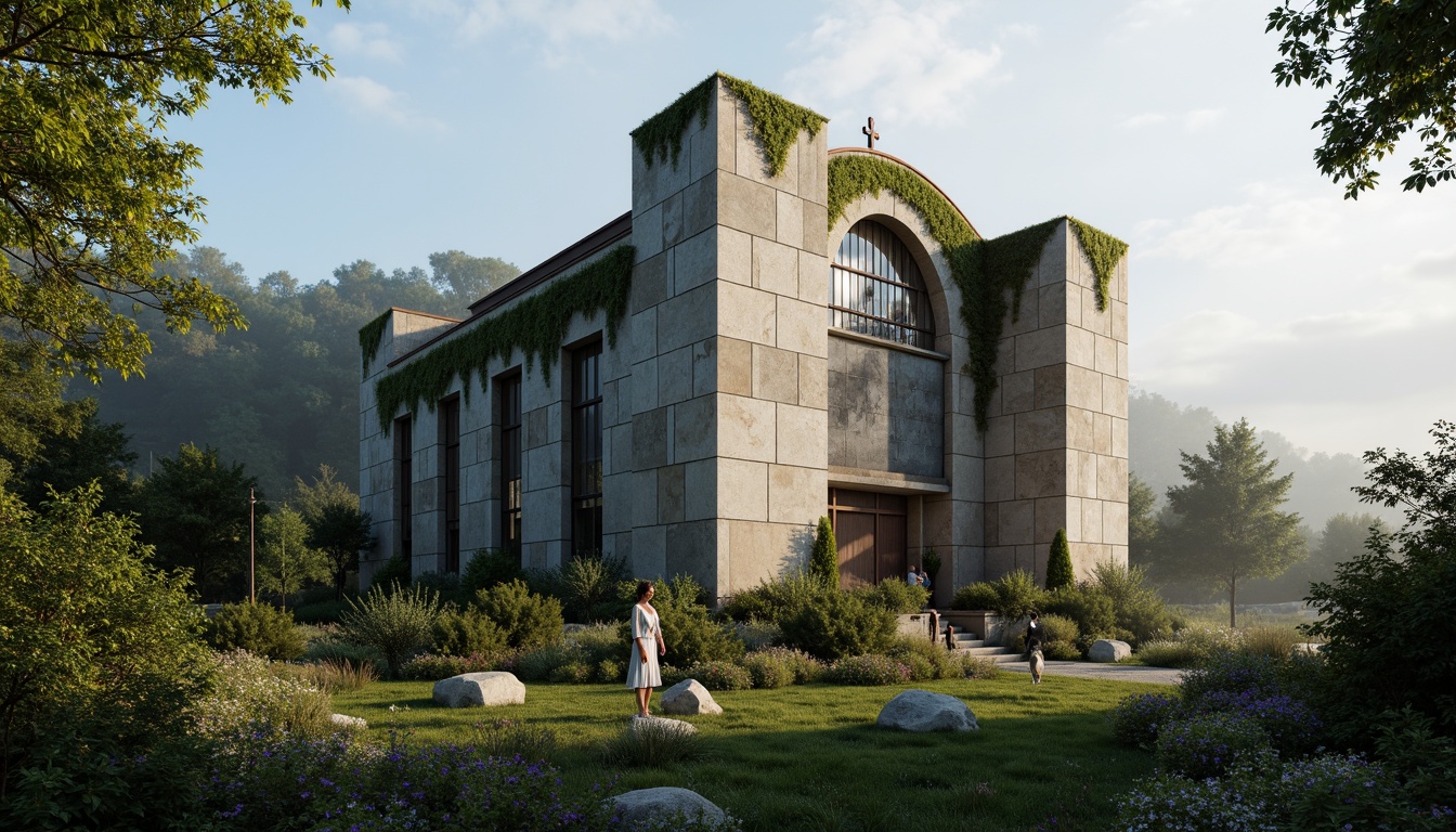 Prompt: Rugged brutalist church, raw concrete walls, angular lines, fortress-like structure, natural stone fa\u00e7ade, overgrown vegetation, wildflowers, moss-covered roofs, weathered wooden doors, stained glass windows, dramatic lighting, high ceilings, minimalist interior, sacred atmosphere, serene ambiance, misty morning, soft diffused light, 1/1 composition, symmetrical framing, realistic textures, ambient occlusion.