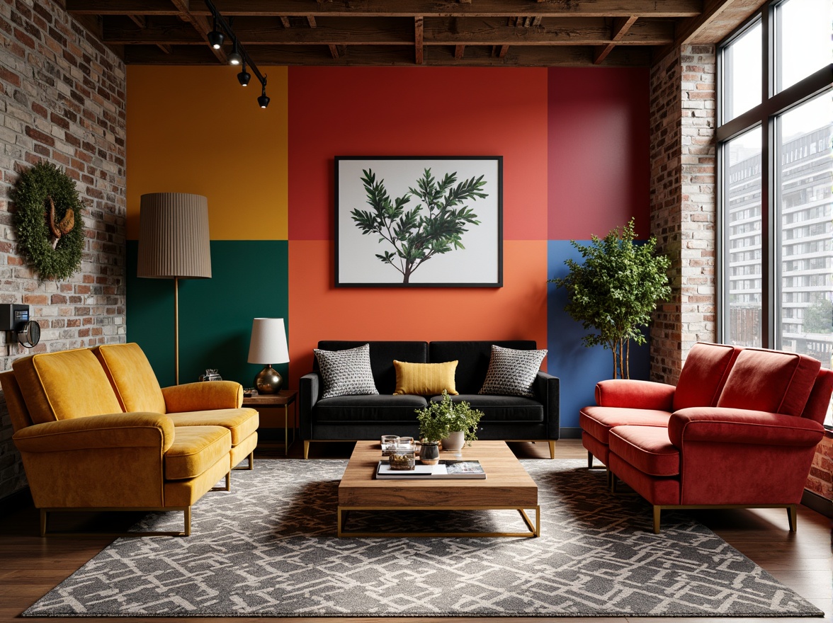 Prompt: Vibrant accent walls, bold color blocking, eclectic furniture pieces, metallic gold legs, rich wood tones, plush velvet upholstery, geometric patterned rugs, statement lighting fixtures, industrial chic decor, urban loft atmosphere, natural stone flooring, exposed brick walls, floor-to-ceiling windows, abundant natural light, warm cozy ambiance, 1/1 composition, high contrast ratio, dramatic shadows, realistic textures.