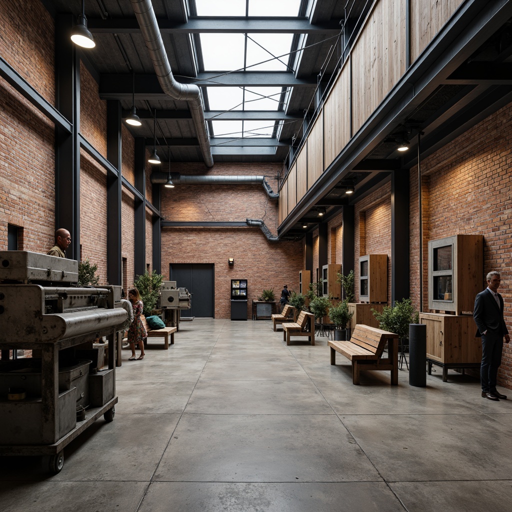 Prompt: Industrial factory setting, exposed brick walls, metal beams, concrete floors, minimalist decor, functional machinery, textured surfaces, distressed wood accents, industrial lighting fixtures, urban atmosphere, cloudy day, soft diffused lighting, shallow depth of field, 1/1 composition, realistic materials, ambient occlusion.