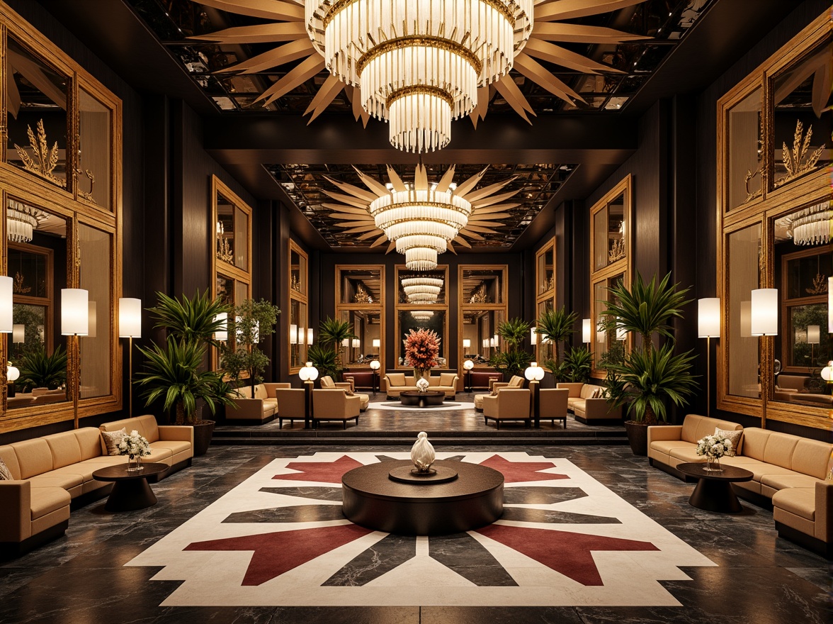 Prompt: Luxurious art deco interior, opulent geometric shapes, metallic accents, ornate patterns, chevron designs, zigzag motifs, sunburst compositions, stylized florals, bold color contrasts, lavish materials, marble floors, crystal chandeliers, velvet drapes, gilded frames, ornamental mirrors, stepped silhouettes, angular lines, futuristic flair, high-contrast lighting, dramatic shadows, 1/1 composition, symmetrical arrangement, realistic reflections.