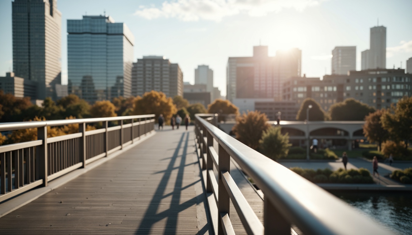 Prompt: Pedestrian bridge, sleek modern design, stainless steel railings, horizontal bars, rounded edges, safety features, anti-slip coatings, urban landscape, city skyline, sunny day, soft warm lighting, shallow depth of field, 3/4 composition, panoramic view, realistic textures, ambient occlusion.