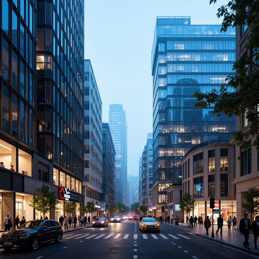 Prompt: Futuristic cityscape, sleek skyscrapers, iridescent glass facades, metallic frames, neon lights, holographic advertisements, bustling streets, flying cars, robotic pedestrians, cyberpunk atmosphere, misty evening, soft blue lighting, shallow depth of field, 1/1 composition, panoramic view, realistic reflections, ambient occlusion.