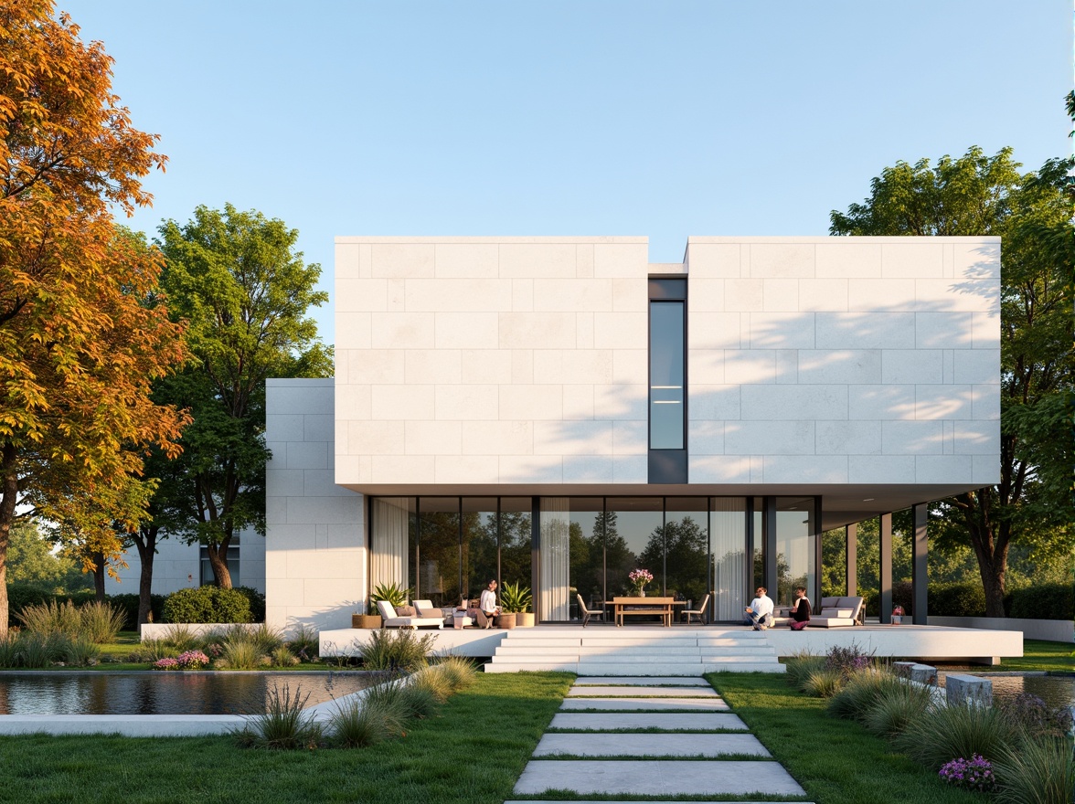 Prompt: Minimalist church facade, clean lines, simple shapes, white stone walls, large glass windows, modern steel doors, serene courtyard, lush greenery, vibrant flowers, tranquil water features, natural stone pathways, subtle outdoor lighting, warm sunny day, shallow depth of field, 3/4 composition, panoramic view, realistic textures, ambient occlusion.