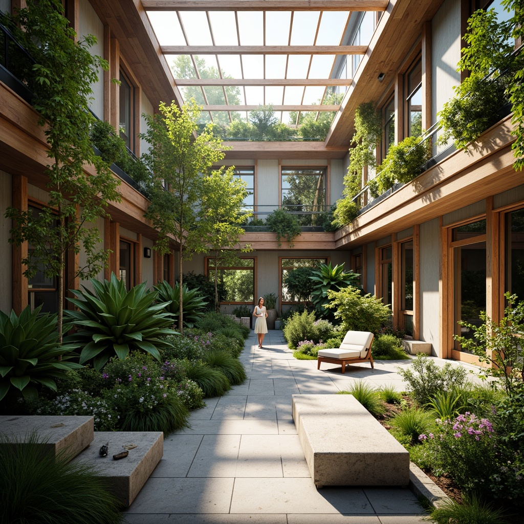 Prompt: Vibrant atrium, lush greenery, natural stone walls, wooden accents, clerestory windows, skylights, solar tubes, reflective surfaces, minimalist decor, open floor plans, airy spaces, soft warm lighting, gentle shadows, 1/1 composition, shallow depth of field, realistic textures, ambient occlusion, morning light, afternoon sunbeams, evening twilight, subtle color palette.