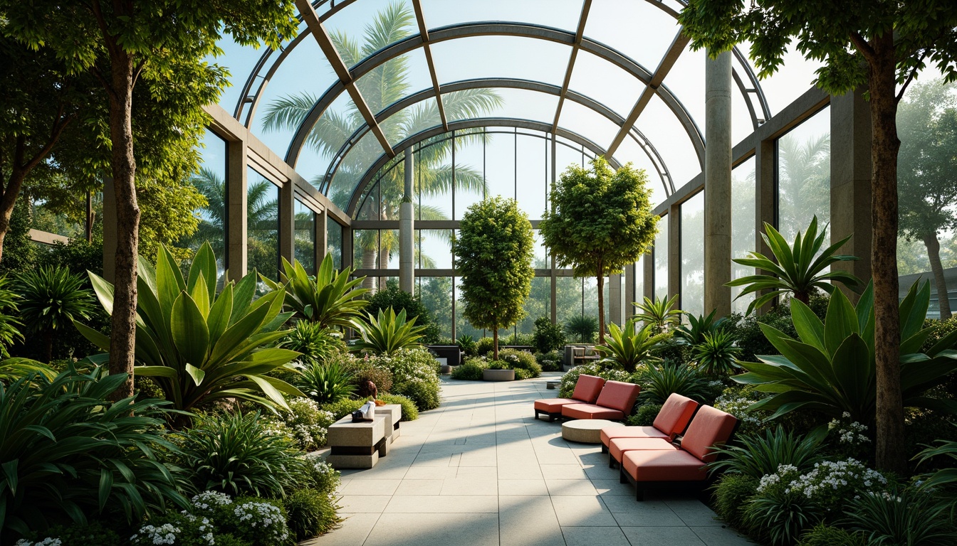 Prompt: Lush tropical plants, futuristic greenhouse architecture, curved glass surfaces, steel frames, automated irrigation systems, misting humidifiers, natural ventilation, abundant sunlight, soft warm lighting, shallow depth of field, 3/4 composition, panoramic view, realistic textures, ambient occlusion, vibrant green walls, living roofs, organic shapes, biomimicry elements, sustainable materials, eco-friendly systems, innovative climate control, futuristic furniture, minimalist decor, serene ambiance, peaceful atmosphere.