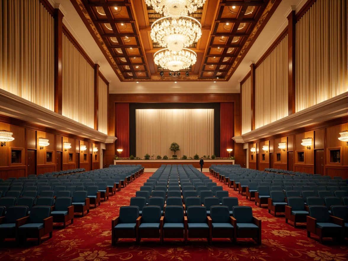 Prompt: Elegant auditorium interior, rich wood tones, warm beige walls, deep blue seats, golden lighting fixtures, sophisticated sound systems, acoustic panels, plush red carpets, dramatic stage lighting, grand chandeliers, ornate architectural details, luxurious velvet curtains, soft cream-colored ceilings, subtle texture contrasts, 1/2 composition, atmospheric misty lighting, realistic material reflections.