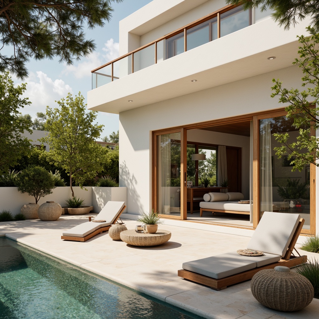 Prompt: Luxurious villa, modernist architecture, clean lines, minimal ornamentation, large windows, sliding glass doors, open-plan living spaces, high ceilings, polished concrete floors, warm beige walls, rich wood accents, sleek metal fixtures, subtle color palette, soft creamy whites, gentle grays, taupe undertones, earthy browns, muted blues, natural stone textures, lush greenery, serene outdoor spaces, sunny day, soft warm lighting, shallow depth of field, 3/4 composition, panoramic view, realistic textures, ambient occlusion.