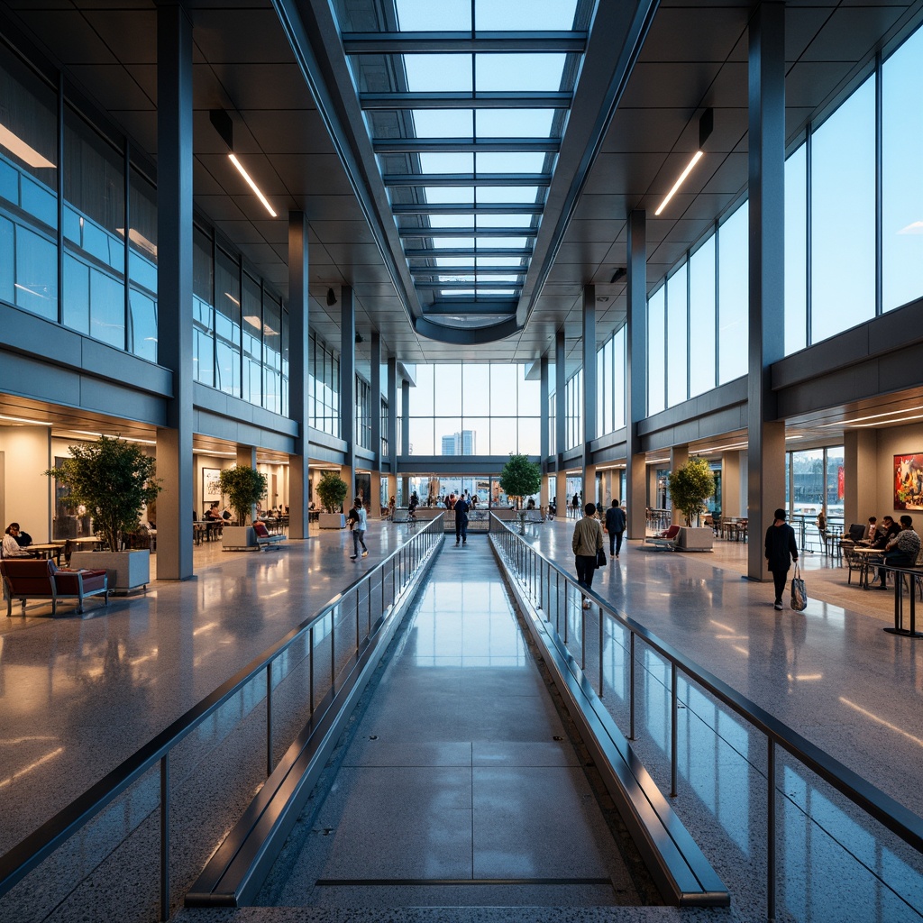 Prompt: Aerodynamic airport terminal, sleek glass fa\u00e7ade, metallic cladding, cantilevered rooflines, minimalist columns, modernist architecture, large windows, sliding doors, LED lighting systems, futuristic interior design, spacious atriums, polished marble floors, stainless steel handrails, dynamic escalators, panoramic views, shallow depth of field, 3/4 composition, realistic reflections, ambient occlusion.