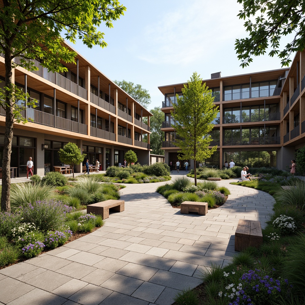 Prompt: \Visitor center courtyard, natural stone paving, lush greenery, native plant species, meandering walkways, educational signage, interactive exhibits, outdoor seating areas, wooden benches, rustic metal railings, modern architecture, large windows, glass doors, cantilevered roofs, sunny day, soft warm lighting, shallow depth of field, 3/4 composition, panoramic view, realistic textures, ambient occlusion.\