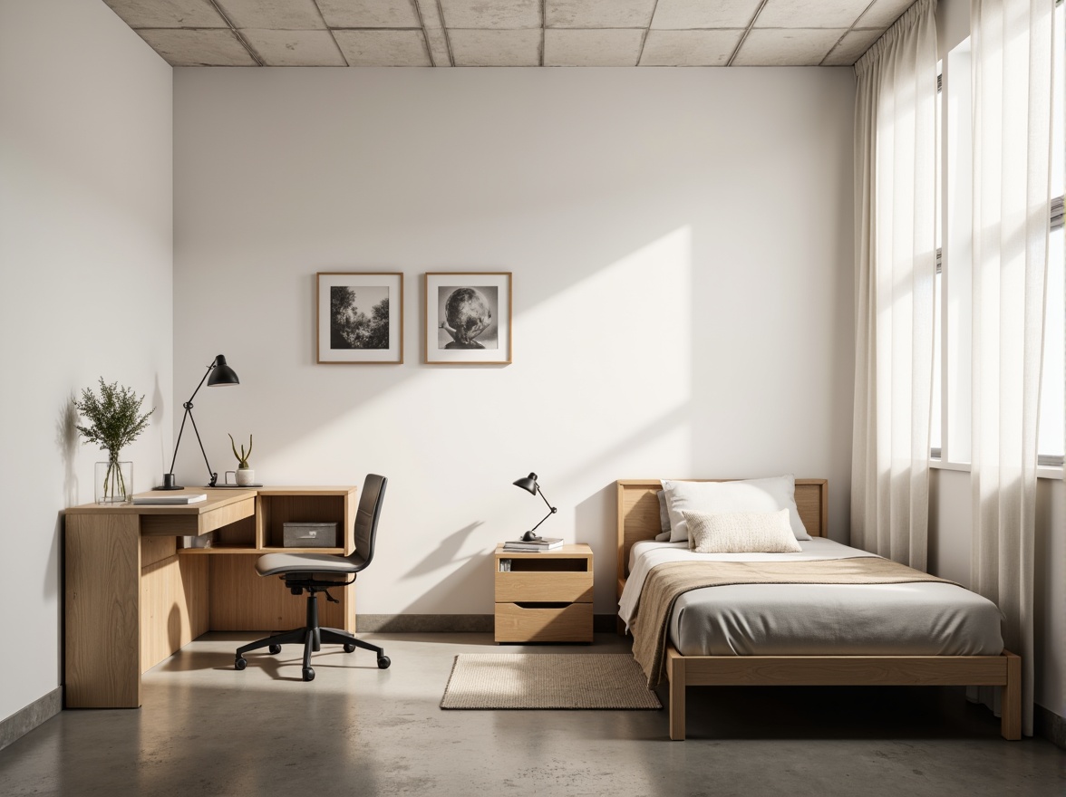 Prompt: Simple dorm room, minimal decor, monochromatic color scheme, sleek wooden furniture, low-profile bed frame, compact desk, ergonomic chair, geometric-shaped nightstand, industrial-style lighting fixtures, concrete floor, plain white walls, natural textiles, subtle patterns, soft warm glow, shallow depth of field, 1/1 composition, realistic materials, ambient occlusion.