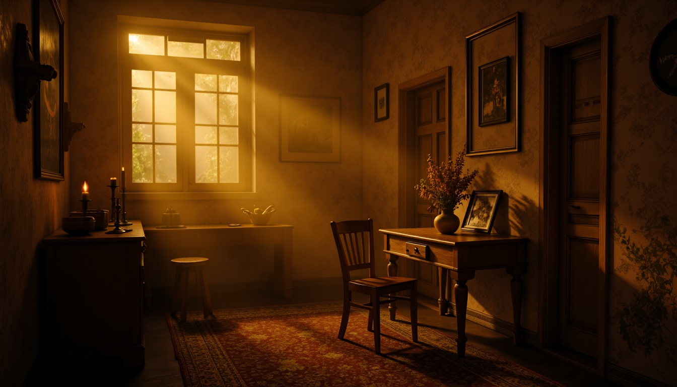 Prompt: Moody atmospheric scene, warm golden lighting, rich wood tones, earthy brown colors, soft beige textures, misty foggy background, mysterious dark shadows, vintage distressed walls, antique furniture pieces, ornate metal fixtures, dimly lit candles, cozy intimate setting, 1/2 composition, shallow depth of field, cinematic color grading.