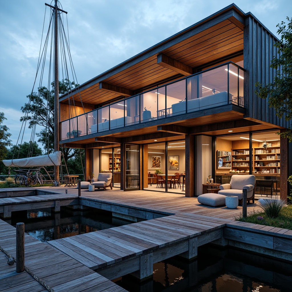 Prompt: Waterfront boathouse, rustic wooden dock, nautical ropes, sailboat masts, weathered wood accents, corrugated metal roofing, glass-enclosed observation deck, cantilevered upper floor, angular steel beams, industrial-style lighting fixtures, reclaimed wood interior, cozy reading nooks, plush furnishings, warm ambient lighting, shallow depth of field, 1/1 composition, realistic textures, soft focus effect.