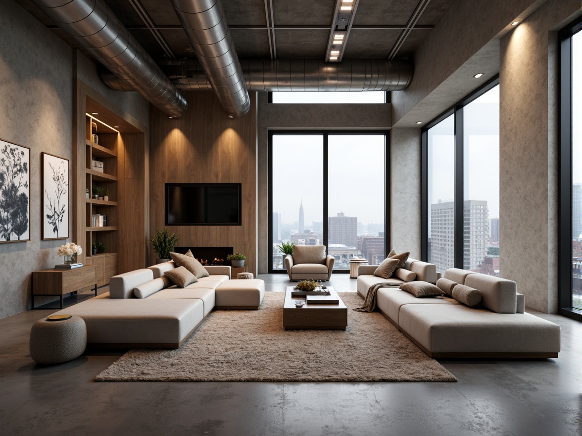 Prompt: Modern minimalist living room, sleek low-profile furniture, neutral color palette, textured rugs, floor-to-ceiling windows, natural light pouring in, urban cityscape views, industrial-chic exposed ductwork, polished concrete floors, geometric-shaped coffee tables, plush sectional sofas, ambient warm lighting, 1/1 composition, shallow depth of field, realistic reflections, cozy reading nooks, built-in shelving units, hidden storage compartments, smart home automation systems.