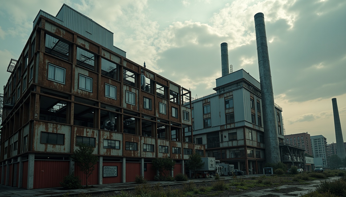 Prompt: Industrial energy plant, deconstructivist architecture, fragmented forms, irregular shapes, metallic materials, rusted steel fa\u00e7ade, exposed pipes, ductwork, mechanical equipment, urban landscape, polluted sky, dramatic lighting, high contrast, abstract composition, cinematic mood, gritty textures, atmospheric effects, industrial soundscape, 3/4 camera angle, low-angle shot, dynamic movement, fast-paced editing.