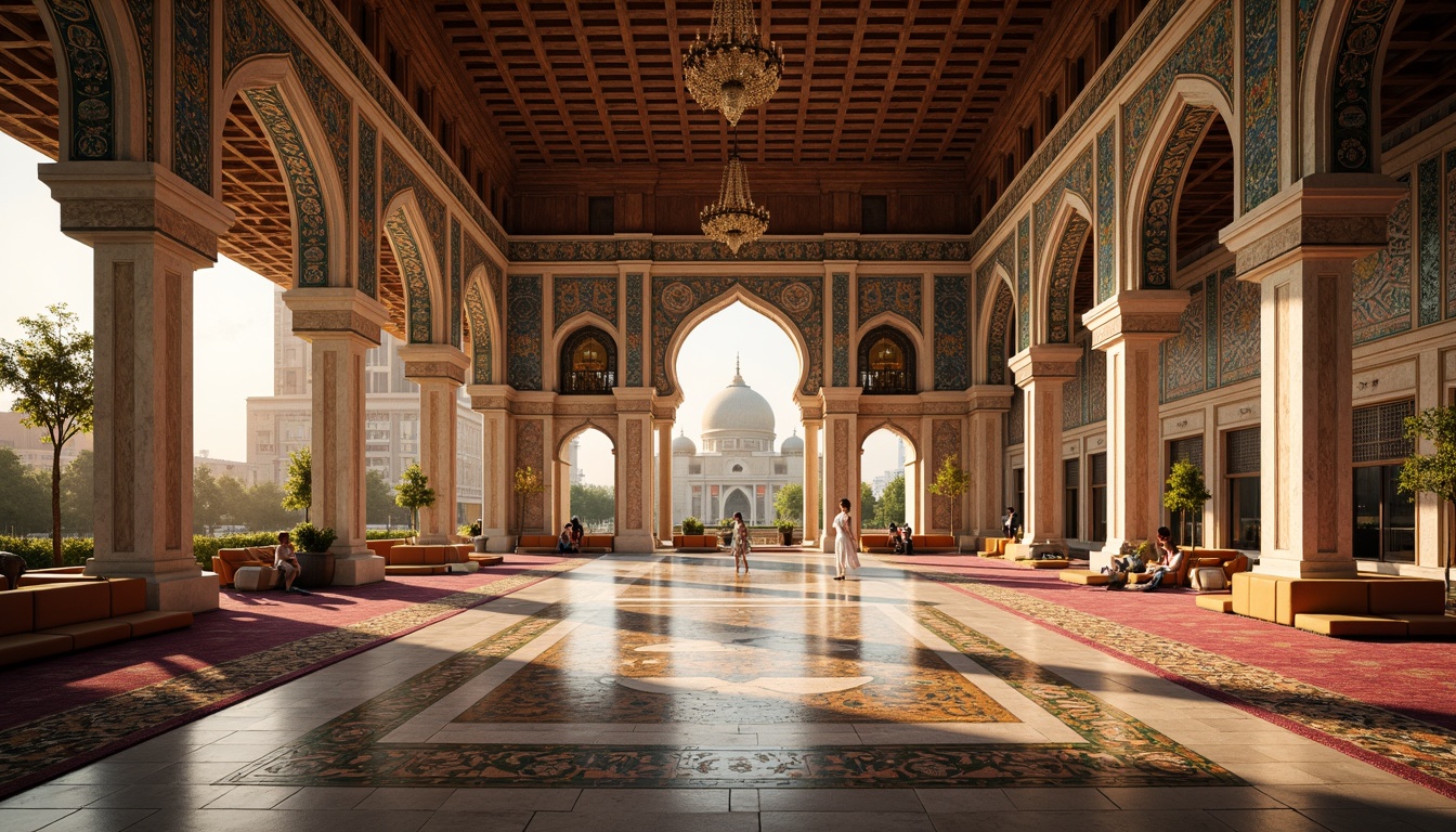 Prompt: Vibrant Islamic-inspired architecture, intricate geometric motifs, ornate tile work, symmetrical archways, grand domes, minarets, colorful mosaics, luxurious textiles, opulent furnishings, lavish decorations, majestic columns, grandiose chandeliers, warm golden lighting, shallow depth of field, 3/4 composition, panoramic view, realistic textures, ambient occlusion.