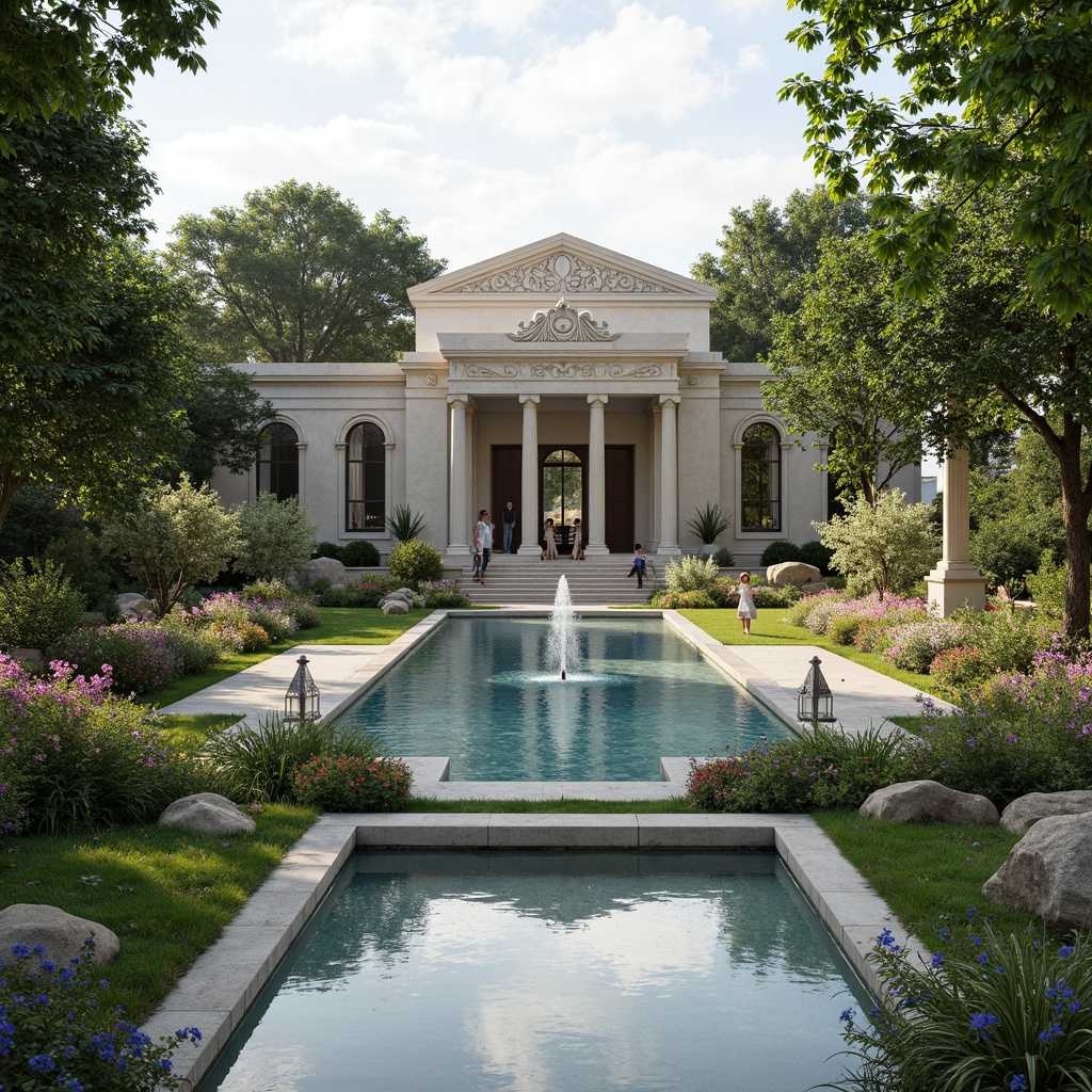 Prompt: Grand neoclassical pool, ornate stone carvings, symmetrical fountain features, lush greenery, vibrant flowers, manicured lawns, decorative statues, elegant lanterns, serene water reflections, natural rock formations, tranquil atmosphere, warm sunny day, soft diffused lighting, shallow depth of field, 3/4 composition, panoramic view, realistic textures, ambient occlusion.