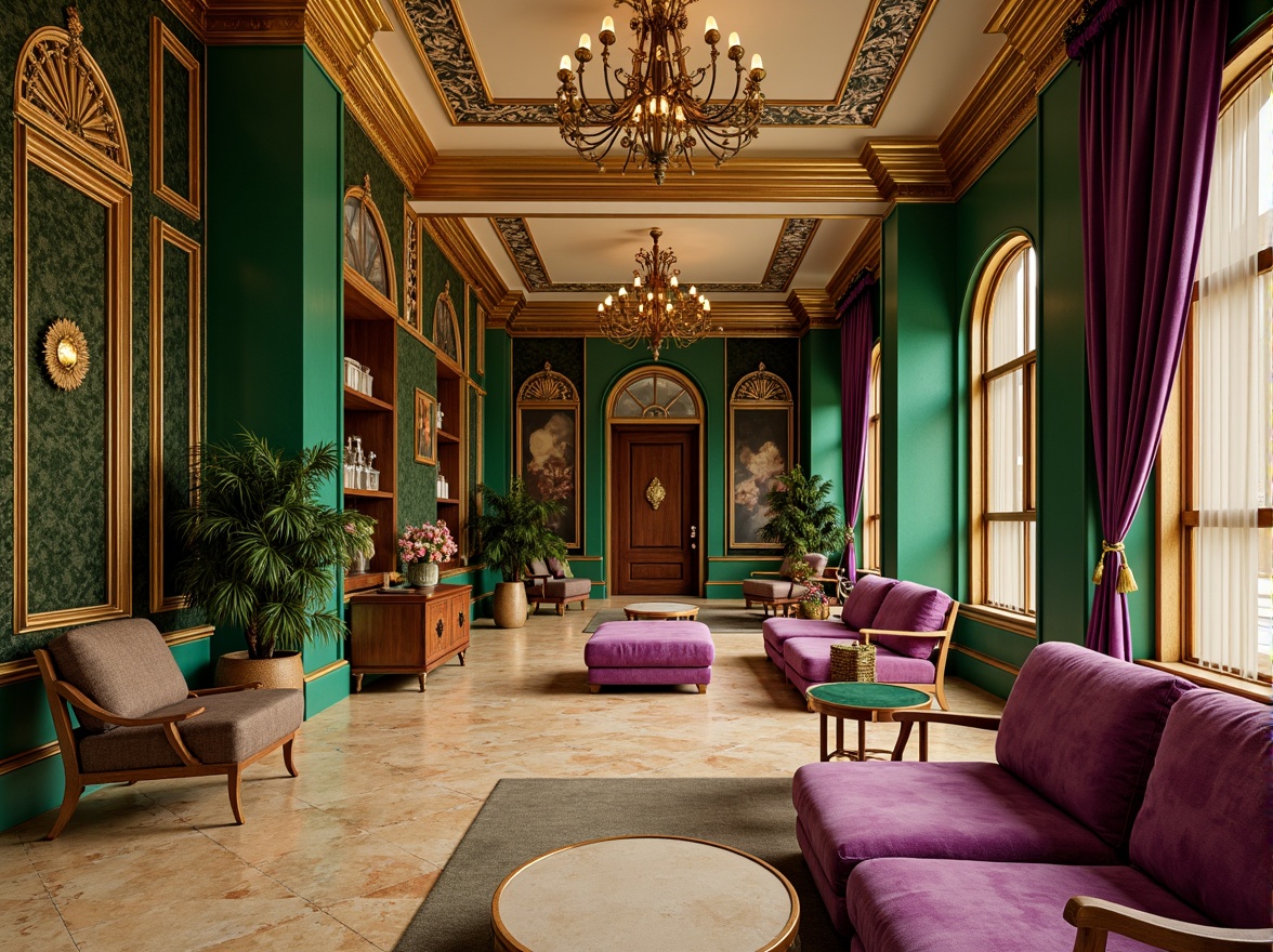 Prompt: Luxurious apartment interior, Byzantine-inspired architecture, rich jewel tones, emerald green walls, golden accents, ornate patterns, intricate mosaics, warm beige marble floors, lavish velvet fabrics, regal purple hues, soft cream ceilings, dramatic chandeliers, opulent furnishings, grandiose archways, mystical ambiance, warm golden lighting, shallow depth of field, 1/1 composition, realistic textures, ambient occlusion.