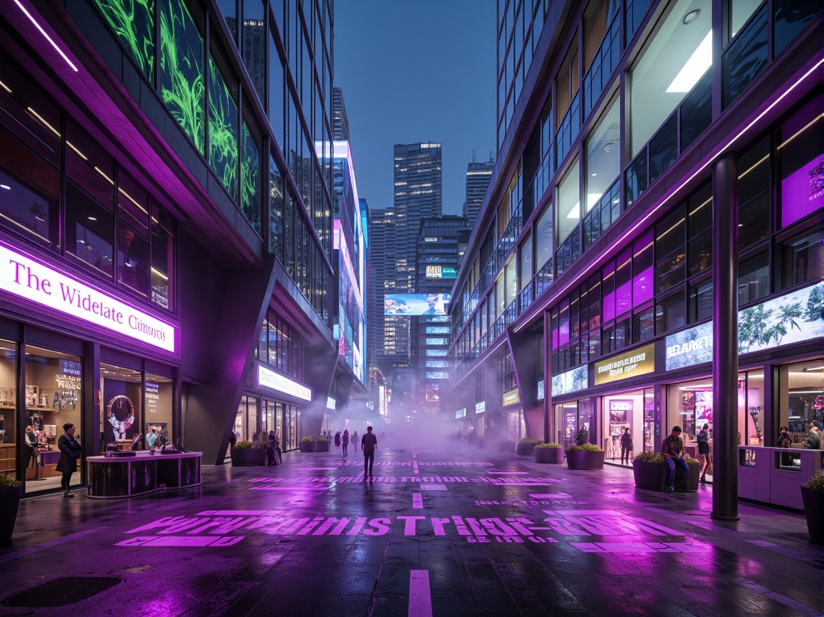 Prompt: Neon-lit cityscape, futuristic skyscrapers, iridescent glass facades, holographic advertisements, vibrant purple and green hues, metallic silver accents, sleek curved lines, minimalist interior design, ambient LED lighting, 3D projection mapping, cyberpunk-inspired neon signs, retro-futuristic decorative elements, high-tech gadgetry, virtual reality interfaces, augmented reality displays, futuristic transportation systems, levitating vehicles, robotic pedestrians, misty atmospheric effects, shallow depth of field, panoramic view.