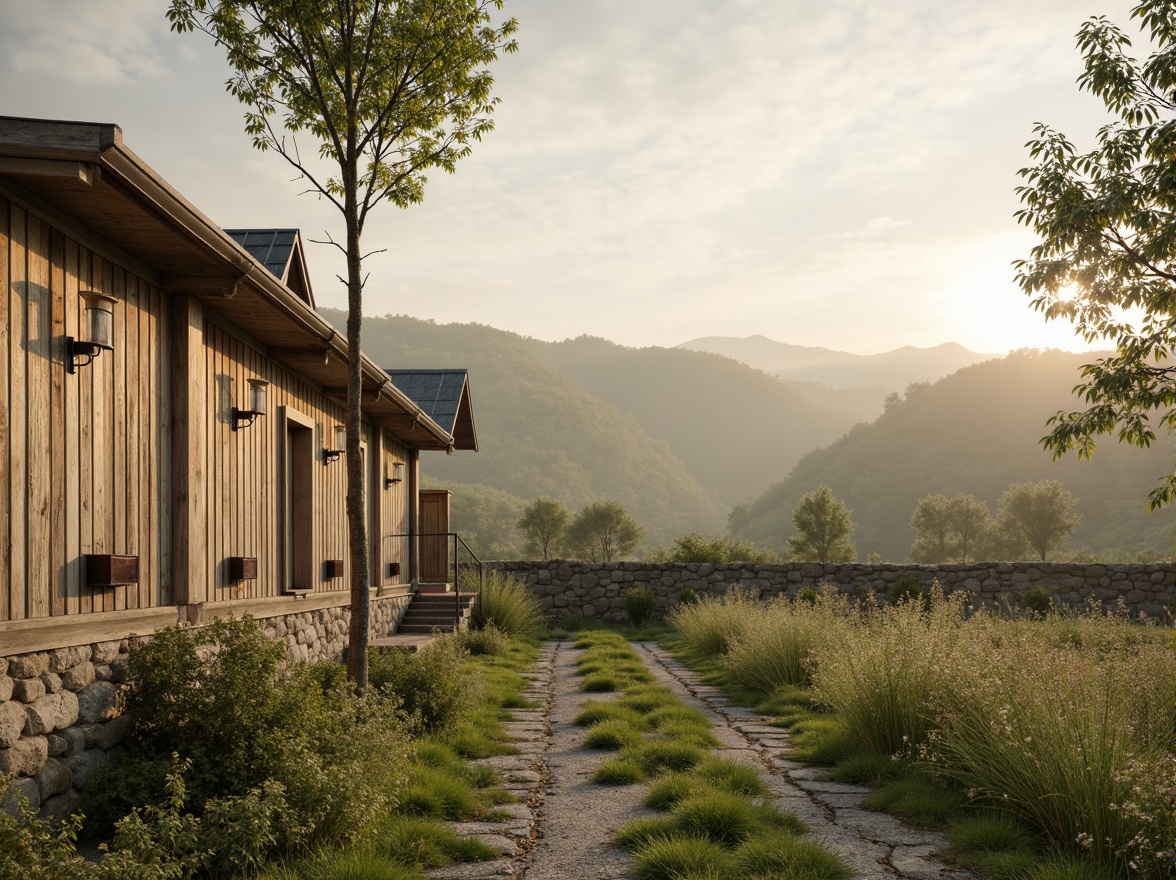 Prompt: Rustic rural landscape, earthy tones, warm beige, soft sage, mossy green, weathered wood textures, vintage metal accents, distressed stone walls, wildflower fields, rolling hills, serene countryside, misty morning light, soft focus, shallow depth of field, 1/2 composition, naturalistic colors, organic shapes, whimsical patterns.