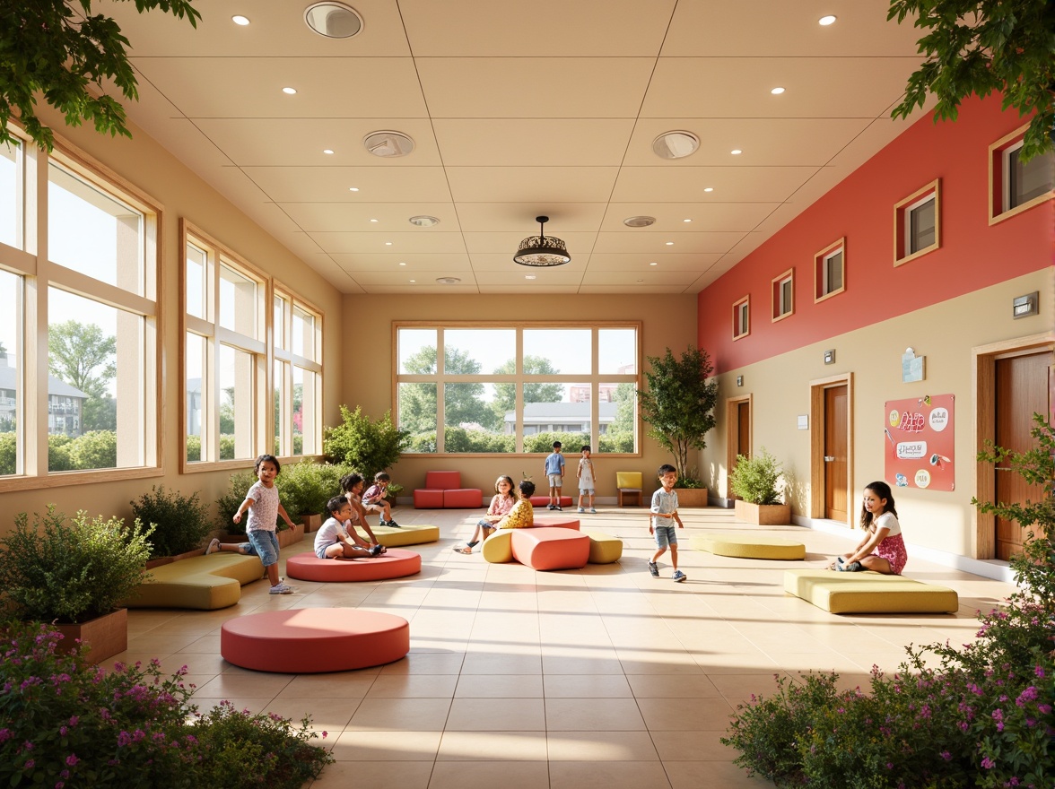 Prompt: Vibrant elementary school, playful color scheme, warm beige walls, soft pastel hues, bright coral accents, creamy white trim, natural wood tones, cheerful polka dots, whimsical illustrations, educational graphics, interactive displays, cozy reading nooks, comfortable seating areas, abundant natural light, large windows, sliding glass doors, lush greenery, blooming flowers, sunny day, gentle warm lighting, shallow depth of field, 3/4 composition, panoramic view, realistic textures, ambient occlusion.