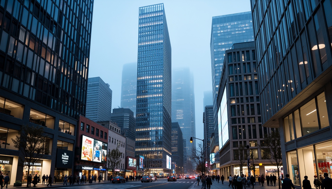 Prompt: Futuristic cityscape, sleek skyscrapers, iridescent glass facades, metallic frames, neon lights, holographic advertisements, bustling streets, flying cars, robotic pedestrians, cyberpunk atmosphere, misty evening, soft blue lighting, shallow depth of field, 1/1 composition, panoramic view, realistic reflections, ambient occlusion.