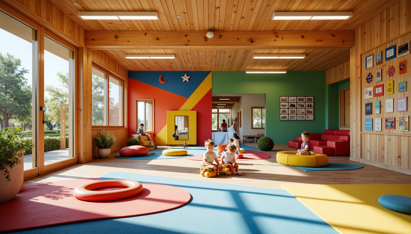 Prompt: Vibrant kindergarten facade, bold primary colors, geometric shapes, playful patterns, wooden accents, large windows, sliding glass doors, natural light, open interior spaces, minimalist decor, educational signage, interactive play areas, climbing walls, soft cushions, rounded corners, safety railings, Bauhaus-inspired typography, colorful murals, whimsical illustrations, sunny day, warm lighting, shallow depth of field, 1/1 composition, realistic textures, ambient occlusion.