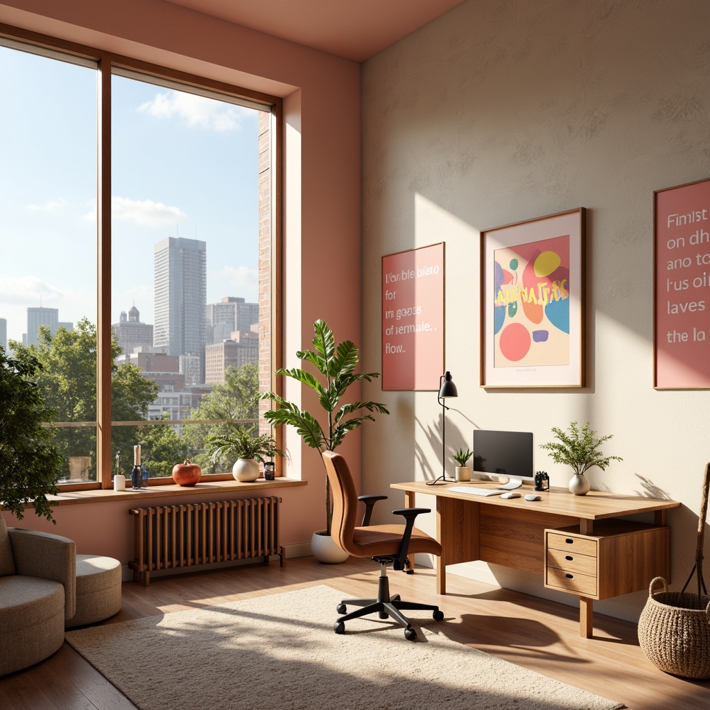 Prompt: Vibrant design studio, modern minimalist interior, sleek wooden desk, ergonomic chair, colorful artwork, inspirational quotes, natural light pouring in, large windows, urban cityscape view, warm beige walls, rich brown furniture, pastel pink accents, soft peach tones, creamy whites, bold typography, geometric patterns, abstract shapes, 3D visualizations, atmospheric lighting, shallow depth of field, 2/3 composition, realistic textures, ambient occlusion.