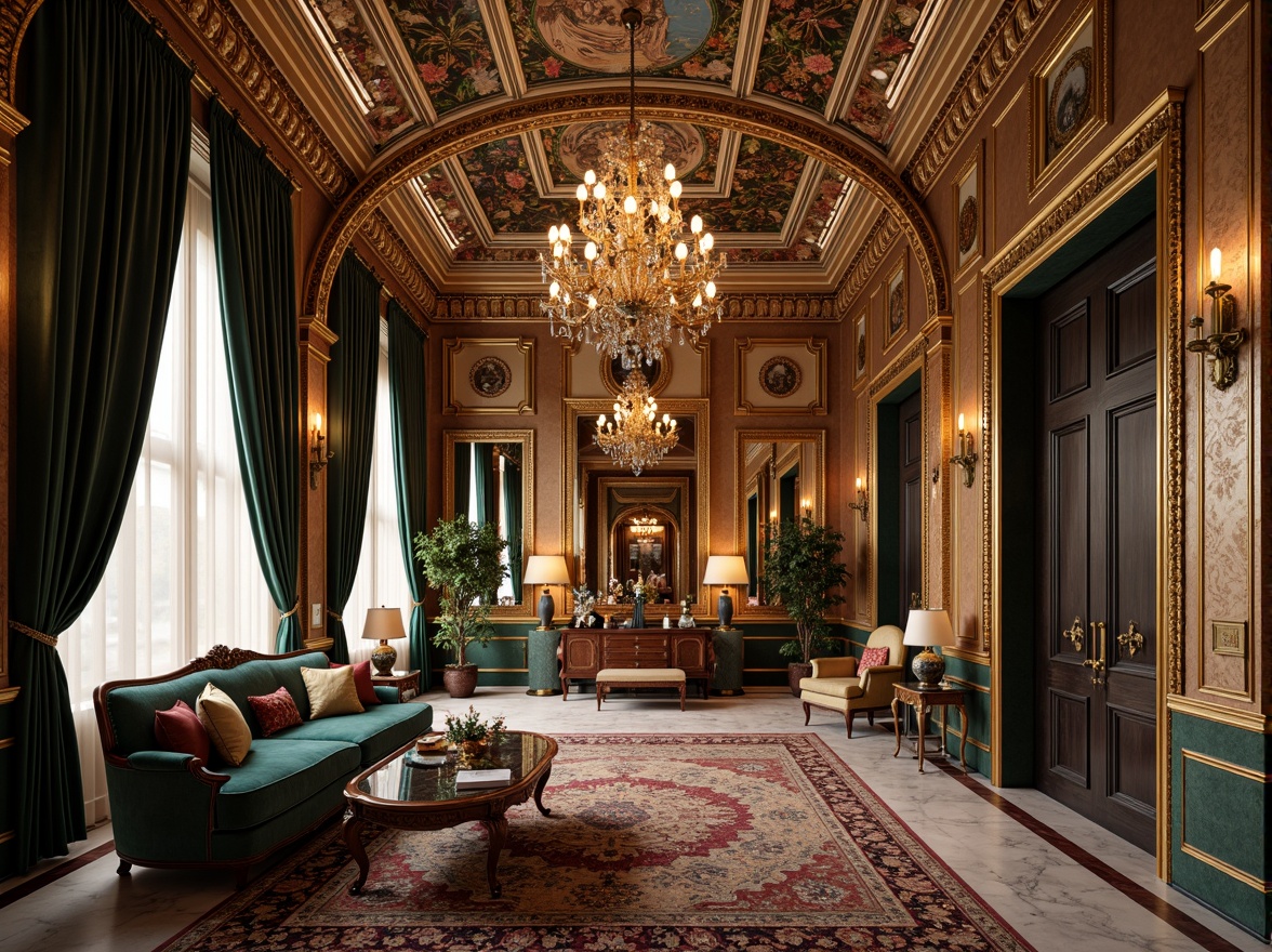 Prompt: Luxurious apartment interior, Byzantine-inspired ornate details, golden accents, intricate mosaics, ornate arches, grand chandeliers, rich velvet fabrics, jewel-toned color palette, lavish furnishings, marble floors, ornamental columns, gilded frames, opulent textiles, regal atmosphere, warm soft lighting, shallow depth of field, 1/1 composition, realistic textures, ambient occlusion.