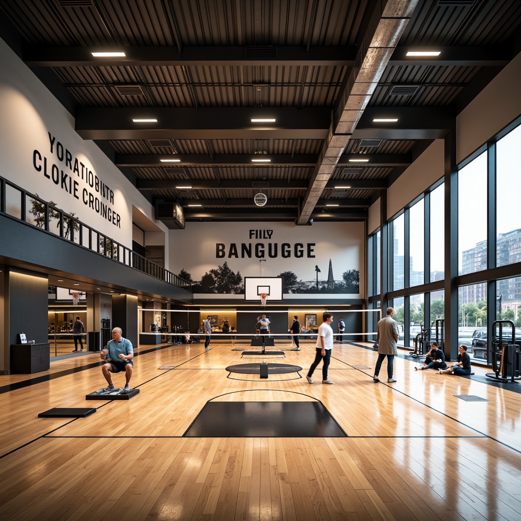 Prompt: Modern gymnasium interior, high ceilings, polished wooden floors, mirrored walls, professional sports equipment, basketball hoops, volleyball nets, exercise machines, free weights, yoga mats, motivational quotes, natural light, soft warm lighting, shallow depth of field, 3/4 composition, panoramic view, realistic textures, ambient occlusion, athletic color scheme, bold typography, dynamic shapes, functional layout, efficient circulation paths, comfortable seating areas, inspirational artwork.