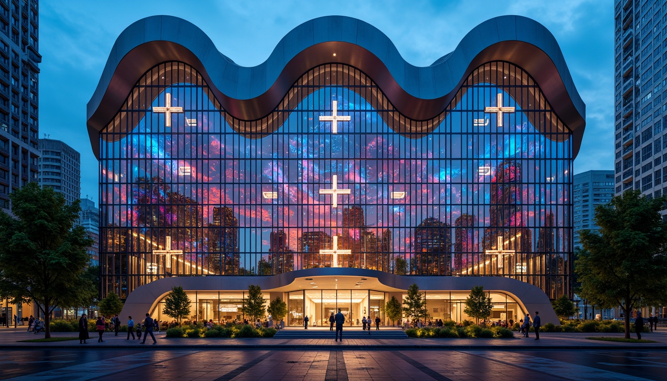 Prompt: Futuristic church facade, neon-lit crosses, iridescent stained glass windows, holographic projections, metallic mesh exteriors, parametric architecture, undulating curves, glowing LED accents, cantilevered roofs, angular lines, minimalist ornamentation, sustainable energy harvesting systems, solar panels, wind turbines, water conservation systems, green roofs, eco-friendly materials, innovative cooling technologies, shaded outdoor spaces, misting systems, futuristic sculptures, vibrant colorful textiles, intricate geometric motifs, 3/4 composition, panoramic view, realistic textures, ambient occlusion.