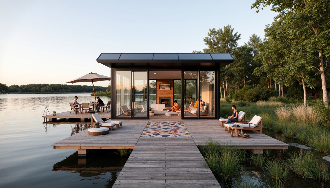 Prompt: Waterfront boathouse, rustic wooden docks, serene lake views, modern glazing systems, floor-to-ceiling windows, sliding glass doors, reflective water-inspired fa\u00e7ades, angular metal frames, minimalist design, sustainable energy solutions, solar panels, green roofs, eco-friendly materials, innovative cooling technologies, shaded outdoor spaces, misting systems, nautical-themed decorations, vibrant colorful textiles, intricate geometric motifs, warm soft lighting, shallow depth of field, 3/4 composition, panoramic view, realistic textures, ambient occlusion.